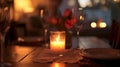 A romantic date night at home with a table set for two and a single candle burning softly creating an intimate Royalty Free Stock Photo