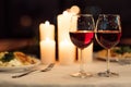 Two Glasses Of Red Wine Standing On Table With Candles Royalty Free Stock Photo