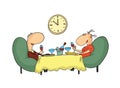 A romantic date in a restaurant. Cartoon couple, man and woman having dinner at the table. On the wall hang the clock Royalty Free Stock Photo