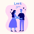 Romantic dating couples flat cartoon icons. Standing young man and woman in love while holding hand each other