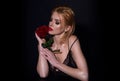 Romantic dating or proposal. Beauty girl with red rose. Beautiful sensual woman hold flowers, studio portrait. Royalty Free Stock Photo