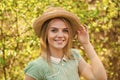 Romantic daydreamer in summer hat. Rustic soul. Straw hat adorable girl. Rustic outfit. Ranch culture. Western