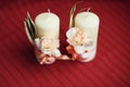 Romantic decoration with two white candles Royalty Free Stock Photo