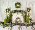 Romantic decorations with greenery and fireplace, romantic mood Royalty Free Stock Photo