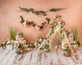 Spring Romantic decorations,with lace tent and somon flowers Royalty Free Stock Photo