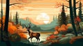 Romantic Deer In Forest Landscape At Sunset - Modernism Illustration