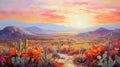 Romantic Desert Cacti Oil Painting: Vibrant Colors And Expansive Landscapes