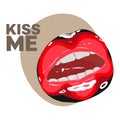 Romantic design, Kiss me, inscription, stylish card with painted lips, bright makeup