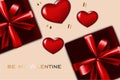 Romantic design for Valentine`s Day. Realistic 3d red gift boxes with satin ribbons and bows, golden confetti