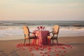 Romantic dinner on beach by sea, table set for two. Generative AI Royalty Free Stock Photo