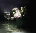 Romantic dinner with bouquet of flowers, candles and champagne glasses. Royalty Free Stock Photo