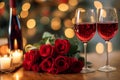 Romantic Dinner. Bouquet of flowers lying on the table, selective focus on bunch of roses, two glasses of red wine and candles on Royalty Free Stock Photo