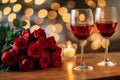 Romantic Dinner. Bouquet of flowers lying on the table, selective focus on bunch of roses, two glasses of red wine and candles on Royalty Free Stock Photo