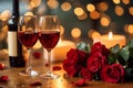 Romantic Dinner. Bouquet of flowers lying on the table, selective focus on bunch of roses, two glasses of red wine and candles on Royalty Free Stock Photo