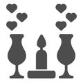 Romantic Dinner Candles solid icon. Dinner with glasses and candlelight illustration isolated on white. Wine glasses and Royalty Free Stock Photo