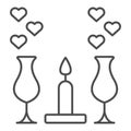 Romantic Dinner Candles thin line icon. Dinner with glasses and candlelight illustration isolated on white. Wine glasses Royalty Free Stock Photo