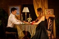 Romantic dinner for couple. Restaurant interior candlelight for romantic date.