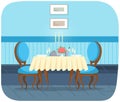 Romantic dinner for dating and eating out. Restaurant interior design. Served table with tablecloth