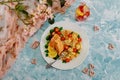 Romantic dinner heart shape pasta, salmon and vegetable