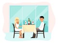 Romantic dinner lovely couple date, character male female sitting restaurant isolated on white, flat vector illustration