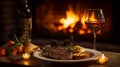 romantic dinner meat steak with a glass of wine on the background Royalty Free Stock Photo