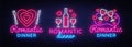 Romantic Dinner Neon Logo collection Vector. Wine neon sign, design template, modern trend design, night neon signboard Royalty Free Stock Photo