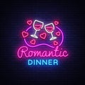 Romantic Dinner Neon Logo Vector. Wine neon sign, design template, modern trend design, night neon signboard, night Royalty Free Stock Photo
