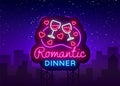 Romantic Dinner Neon Logo Vector. Wine neon sign, design template, modern trend design, night neon signboard, night Royalty Free Stock Photo