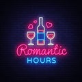 Romantic Dinner neon sign vector. Romantic Hour Logotype, Emblem in Modern Trend Design, Vector Template, Light Banner Royalty Free Stock Photo