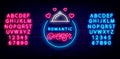 Romantic dinner neon signboard for cafe, restaurant. Happy Valentines Day with alphabet. Isolated vector illustration