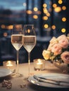 Romantic dinner night with two rose champagne glasses for celebration at high-fashion dinning Royalty Free Stock Photo