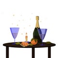 Romantic dinner. On the round table there is a candle, a bottle of champagne, glasses, tangerines. Vector illustration