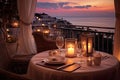 Romantic dinner setting on the beach at sunset. Greece, Crete, AI Generated