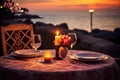 Romantic dinner setting on the beach at sunset. Toned, AI Generated