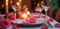 Romantic dinner setting with candlelight and rose petals. Generative AI Royalty Free Stock Photo