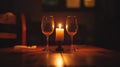 Romantic Candlelit Dinner Two Wine Glasses and a Burning Candle on a Table Royalty Free Stock Photo