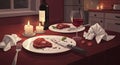 Romantic dinner setting with steak and red wine on red tablecloth in cozy kitchen Royalty Free Stock Photo