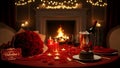 Romantic dinner setup by the fireplace with candles and wine Royalty Free Stock Photo