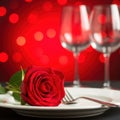 Romantic dinner setup with rose and wine glasses, isolated on white background Royalty Free Stock Photo