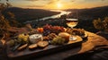 Romantic dinner sunset and river in the background. AI Generated. Royalty Free Stock Photo