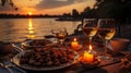 Romantic dinner sunset and river in the background. AI Generated Royalty Free Stock Photo