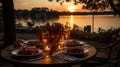 Romantic dinner sunset and river in the background. AI Generated. Royalty Free Stock Photo