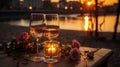 Romantic dinner sunset and river in the background. AI Generated. Royalty Free Stock Photo