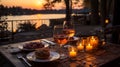 Romantic dinner sunset and river in the background. AI Generated. Royalty Free Stock Photo