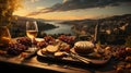 Romantic dinner sunset and river in the background. Ai Generated. Royalty Free Stock Photo