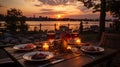 Romantic dinner sunset and river in the background. AI Generated. Royalty Free Stock Photo