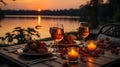 Romantic dinner sunset and river in the background. AI Generated. Royalty Free Stock Photo