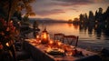 Romantic dinner sunset and river in the background. AI Generated. Royalty Free Stock Photo