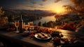 Romantic dinner sunset and river in the background. AI Generated. Royalty Free Stock Photo