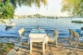 Romantic dinner table by the beach, Outdoor table of a beach restaurant in Gocek Turkey